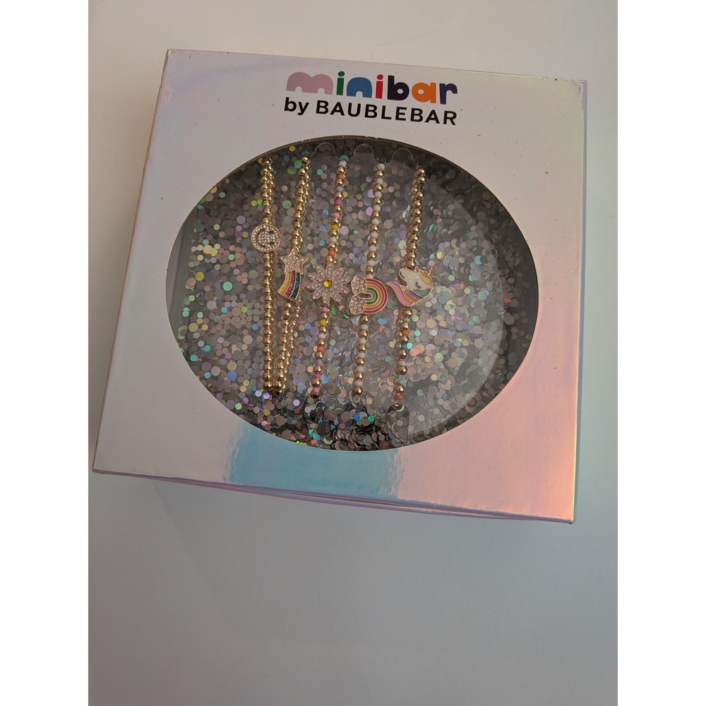 Minibar by BaubleBar Kids Gold Beaded Charm Bracelet Set 5pc Rainbow Unicorn New